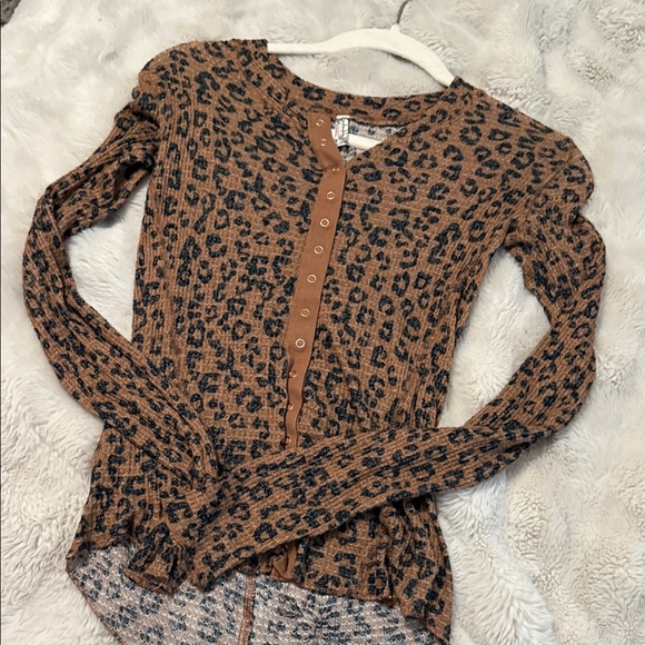 Leopard Print Ribbed Button-Front Top in Brown and Black - Free People - Picture 4 of 4